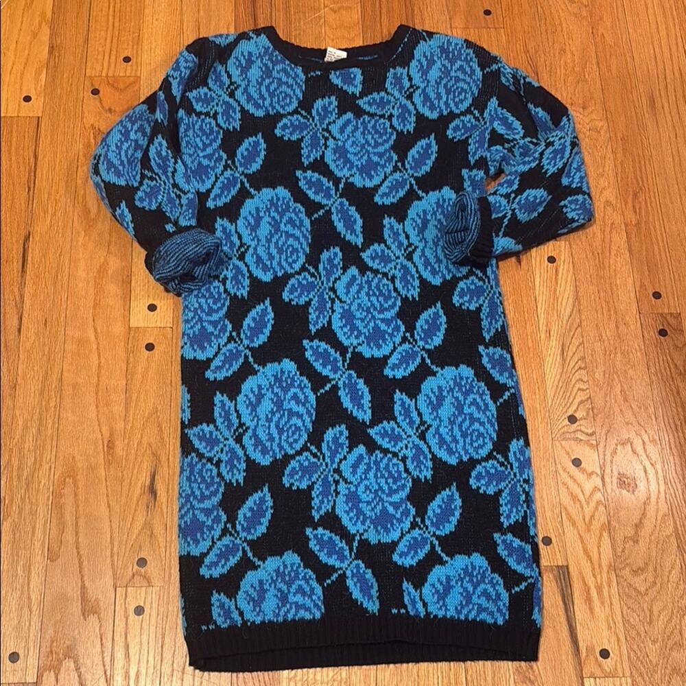 Vintage 80s Halmode Blue Rose Floral Sweater Dress Women M 7/9 Longline Knit